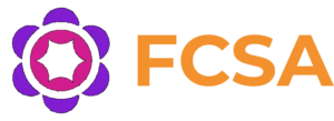 FCSA logo: purple flower-like emblem with magenta center, next to orange 'FCSA' letters on black background.