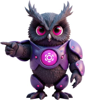 Cartoon owl character in purple armor with a glowing pink emblem on its chest, pointing to the left.