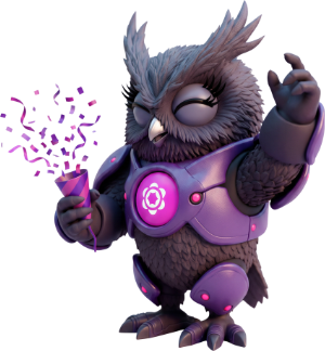 Cartoon owl in a purple space suit, raising a wand that releases pink confetti in a celebratory pose.