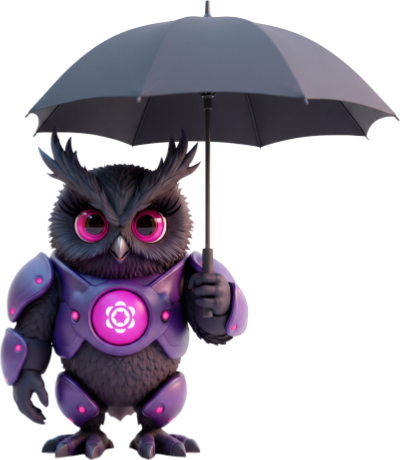 Cartoon owl-like robot wearing purple armor with a glowing pink chest emblem, holding a gray umbrella.