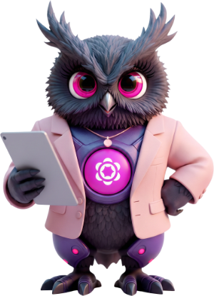 Cartoon owl in a pink blazer holding a tablet, with a glowing purple emblem on its chest.