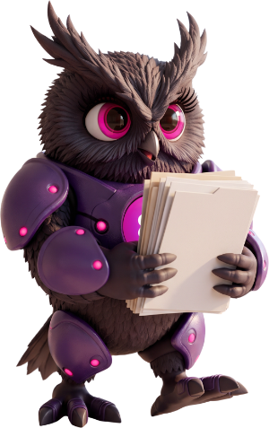 Cartoon owl in purple armor holding and reading a stack of papers, with pink glowing accents.