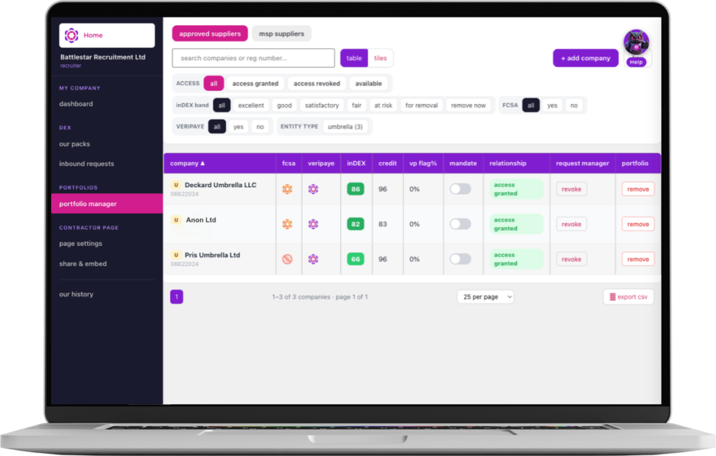 Dashboard on a laptop showing a recruitment portal: left navigation, top filter chips, a search bar, and a table of three companies with status badges and action buttons (revoke/remove).