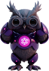 Cartoon owl in purple sci‑fi armor, peering through binoculars.