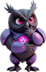 Cartoon owl-like robot wearing purple armor with bright pink eyes and a glowing emblem on its chest.
