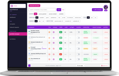 Laptop screen showing a fintech dashboard with a dark left navigation, purple headers, search/filters, and a table listing six companies with status pills and action buttons.