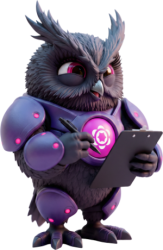 Cartoon purple-armored owl holding a clipboard and pen, looking focused as it writes or checks notes.