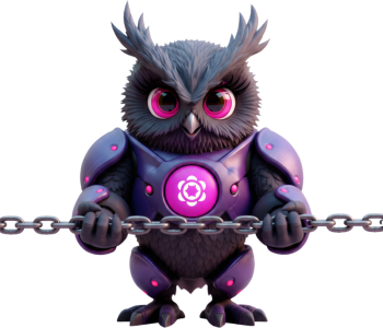 A fantasy owl-like creature in purple armor grips a metal chain, glowing pink emblem on chest, facing forward.