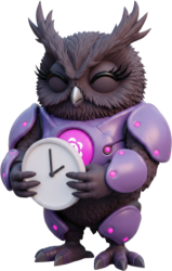 Cartoon owl in lavender armor holding a round white clock showing about 10:10 time.