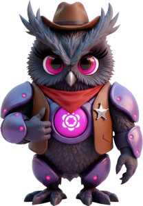 Cartoon owl in brown vest and purple armor with a brown hat and red scarf, pink glowing chest emblem, star badge, giving a thumbs up.