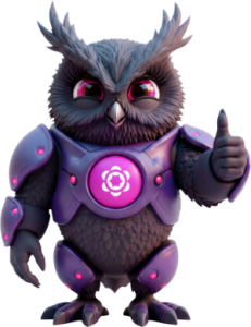 Purple robotic owl character in armor giving a thumbs up, with a glowing pink emblem on the chest.