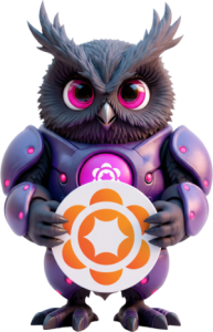 Cartoon purple robotic owl standing upright, holding an orange and white circular emblem.