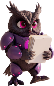 Cartoon owl in purple armor holding and reading a stack of papers, with pink glowing accents.