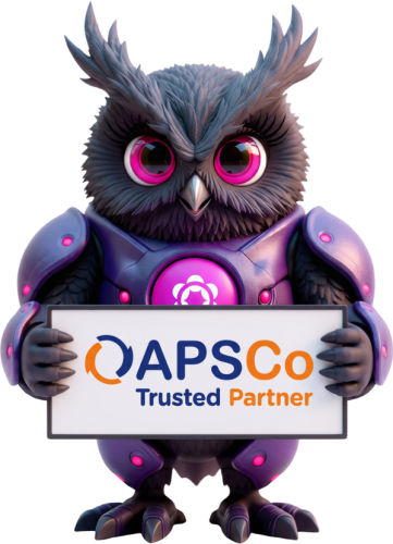 Cartoon purple-armored owl holding a sign that reads 'APSCo Trusted Partner', with bright pink eyes and purple armor